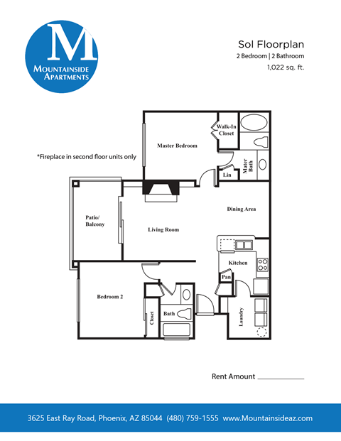Floor plan for 2 beds, 2 baths, 1022 sqft